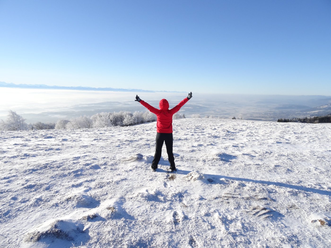 Christina Kehl with arms raised on a snowy summit above a sea of fog